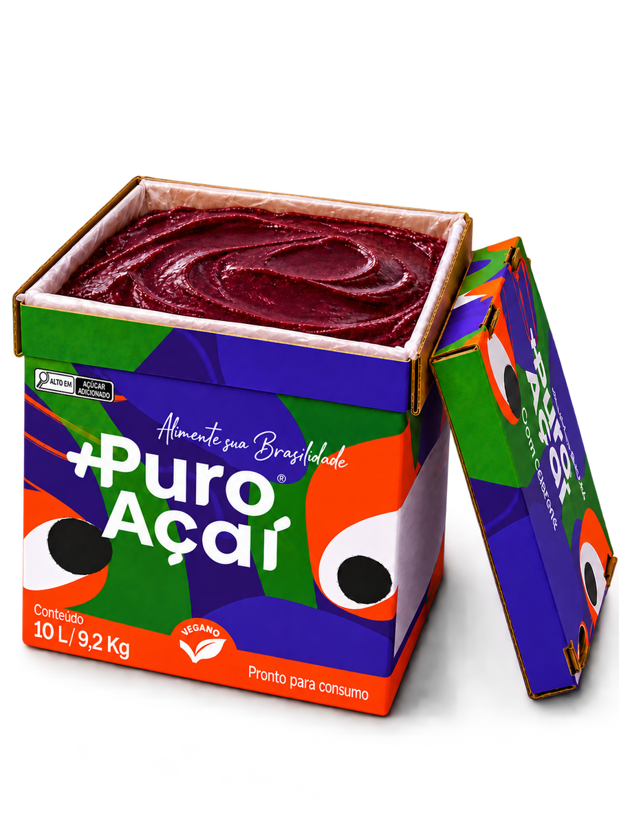 Caixa Food Service +Puro Açaí 10 litros aberta, mostrando o açaí pronto pra consumo